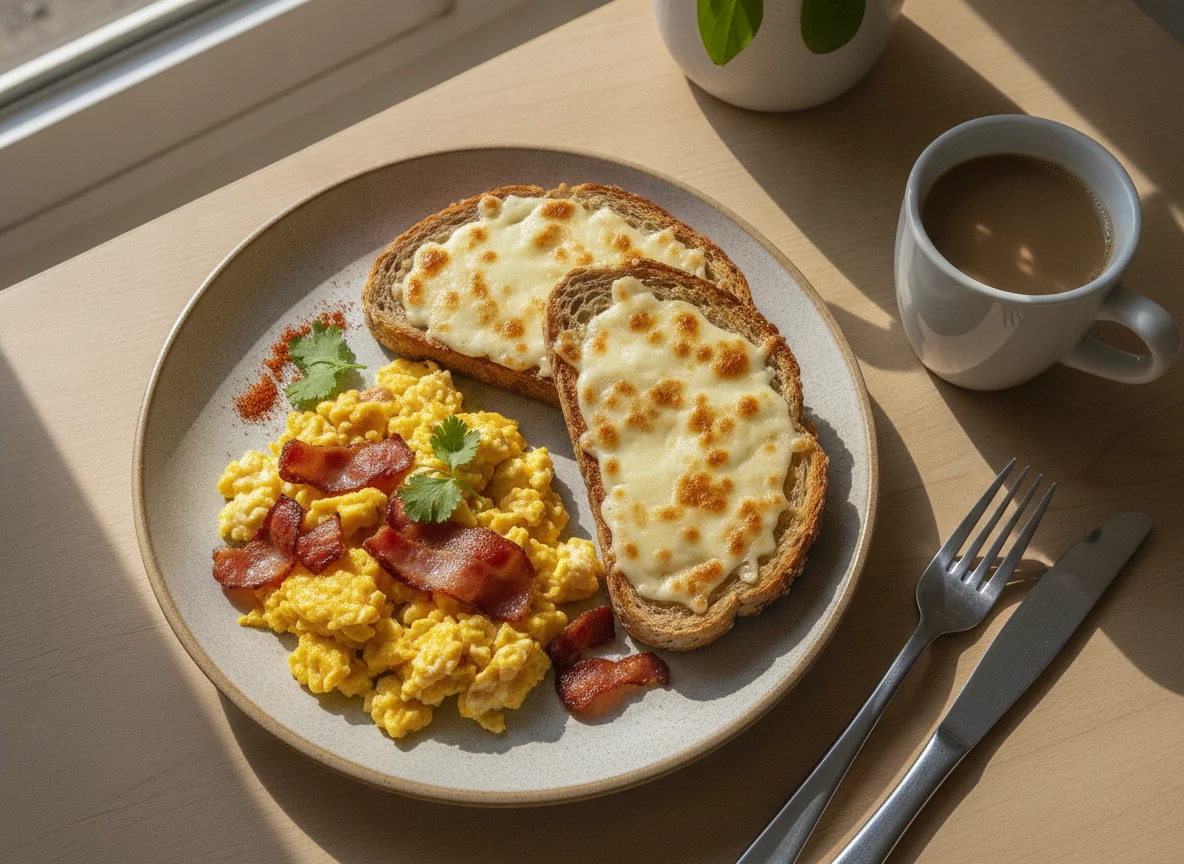 Desayuno de huevos revueltos, tocino y tostada con queso photo
