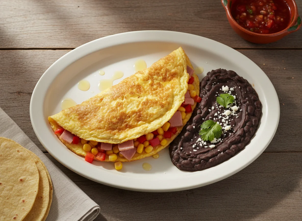 Desayuno de omelette y frijoles volteados photo