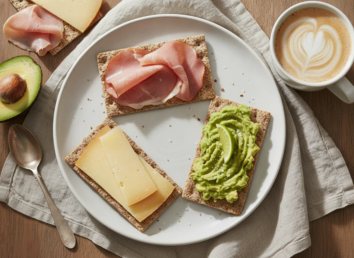 Desayuno de pan crujiente con jamón, queso y aguacate photo