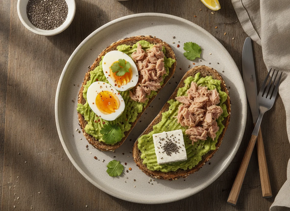 Desayuno de pan integral con aguacate, huevo y atún photo