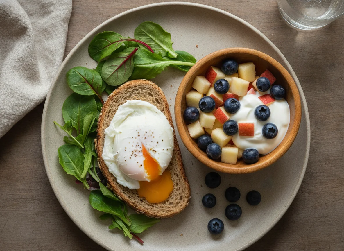 Desayuno de pan integral con huevo y ensalada de frutas photo