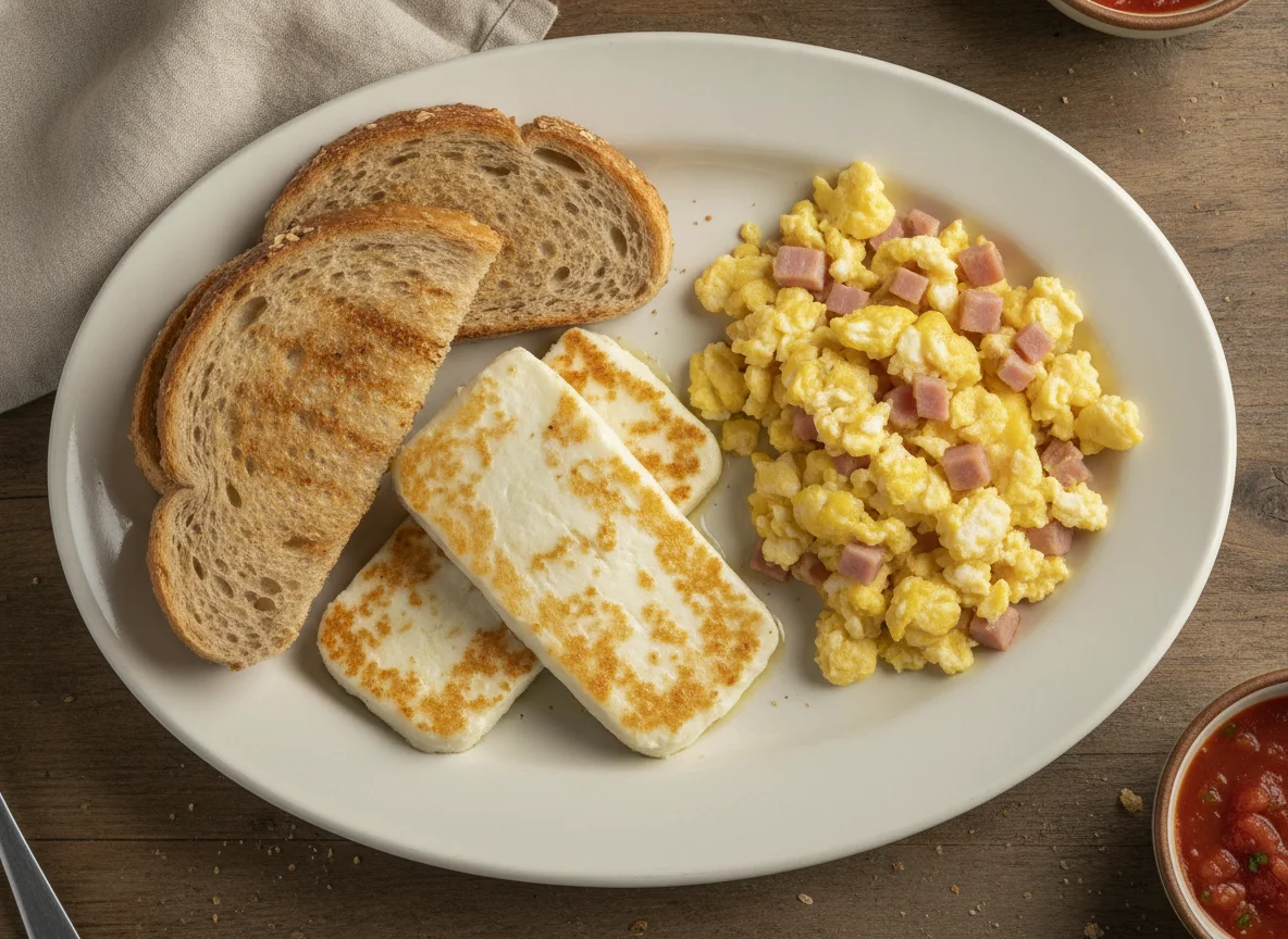 Desayuno de pan integral con queso a la plancha y huevos con jamón photo