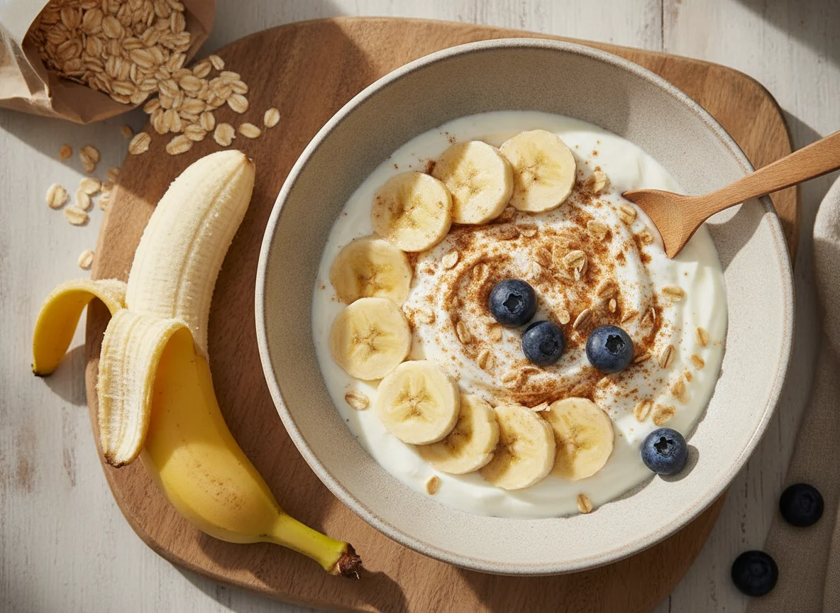 Desayuno de plátano, avena y yogur proteico photo