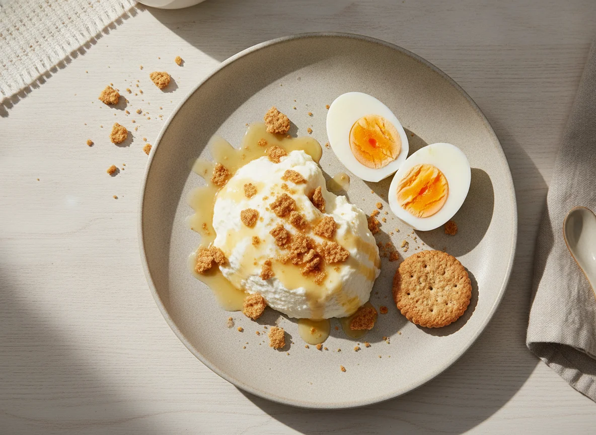 Desayuno de requesón con huevos y galleta photo
