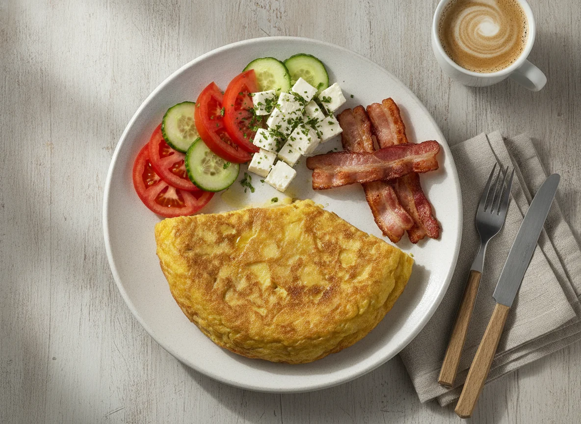 Desayuno de tortilla con bacon y ensalada photo