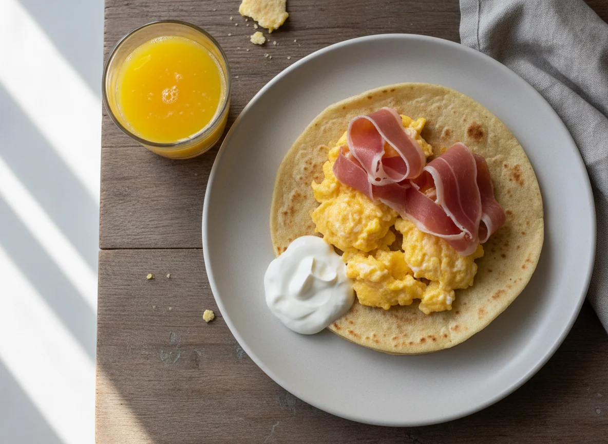 Desayuno de tortilla con huevos y jamón, jugo de naranja y crema photo