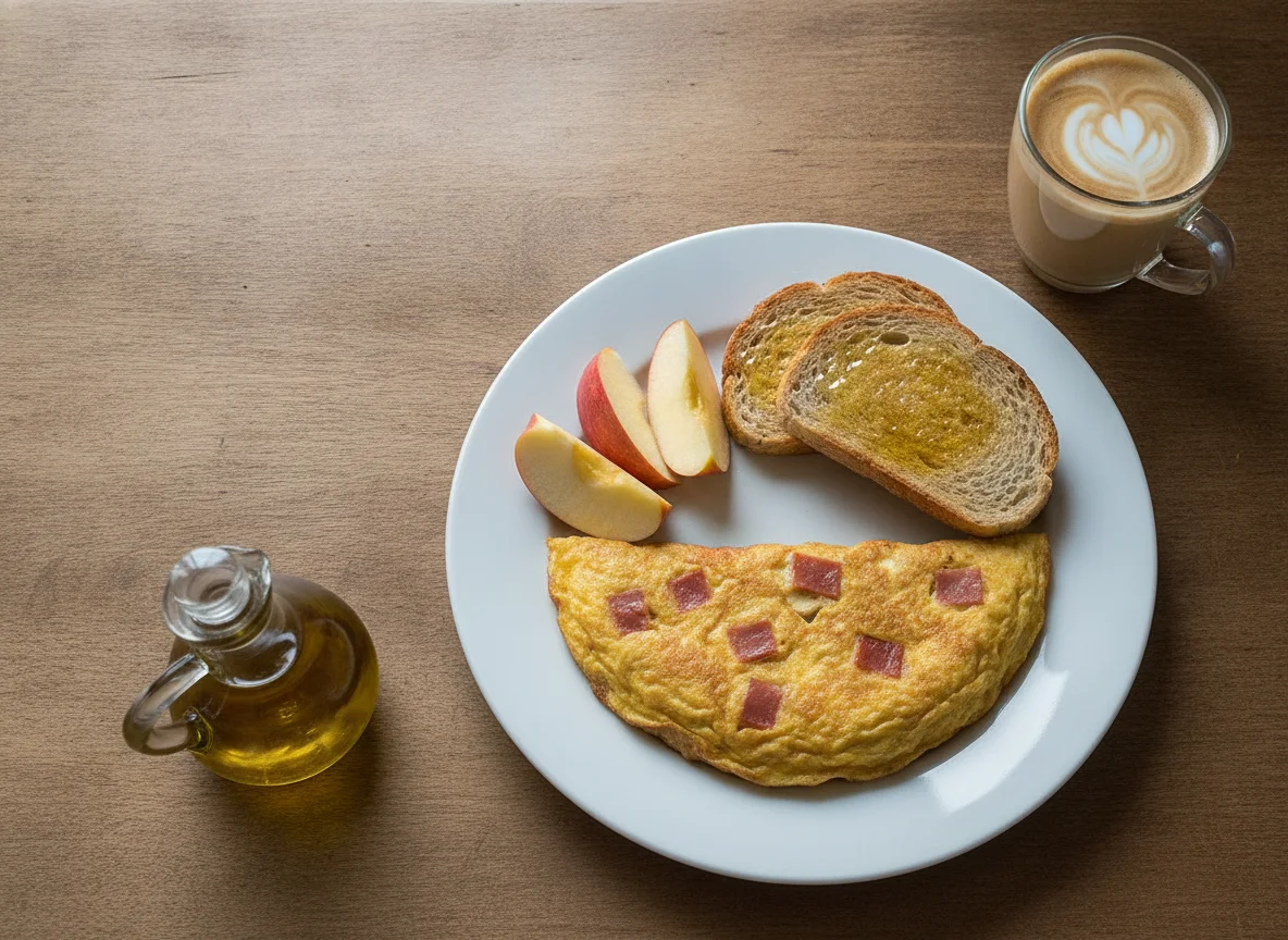 Desayuno de tortilla con jamón, tostada, manzana y café con leche photo