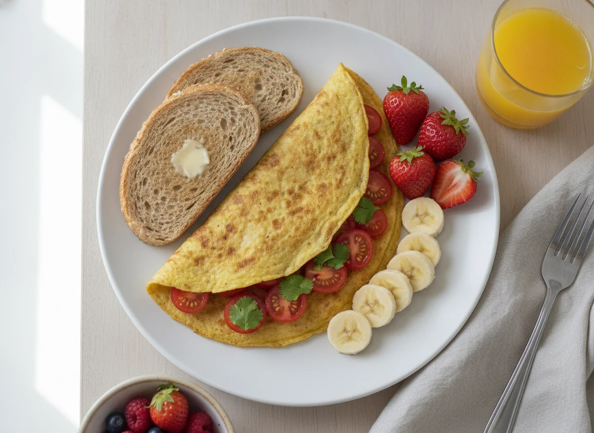 Desayuno de tortilla con pan integral y fruta photo