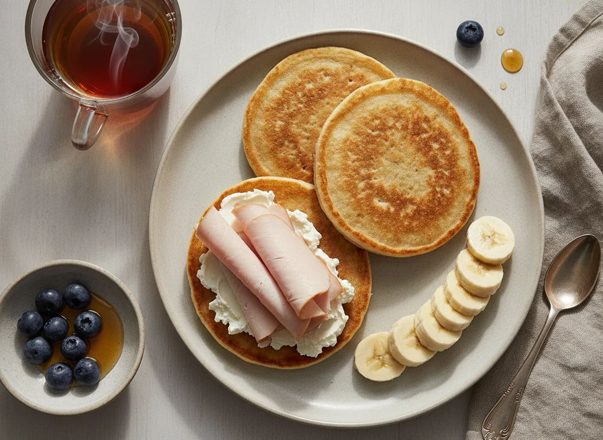 Desayuno de tortitas de arroz con pavo, plátano y té photo