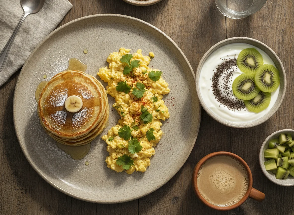 Desayuno de tortitas de avena, huevos revueltos y yogur con kiwi photo