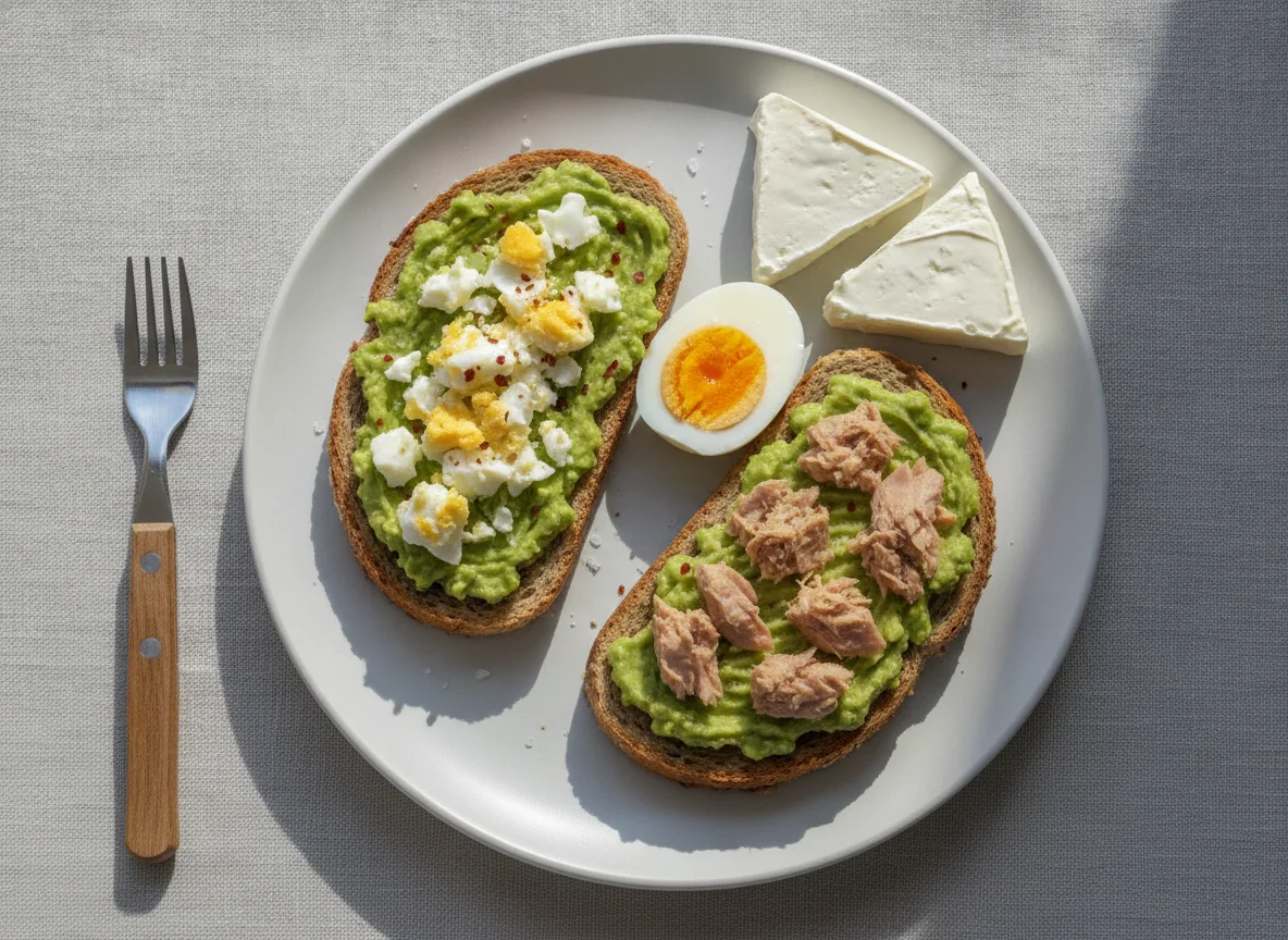 Desayuno de tostadas con huevo, aguacate y atún photo