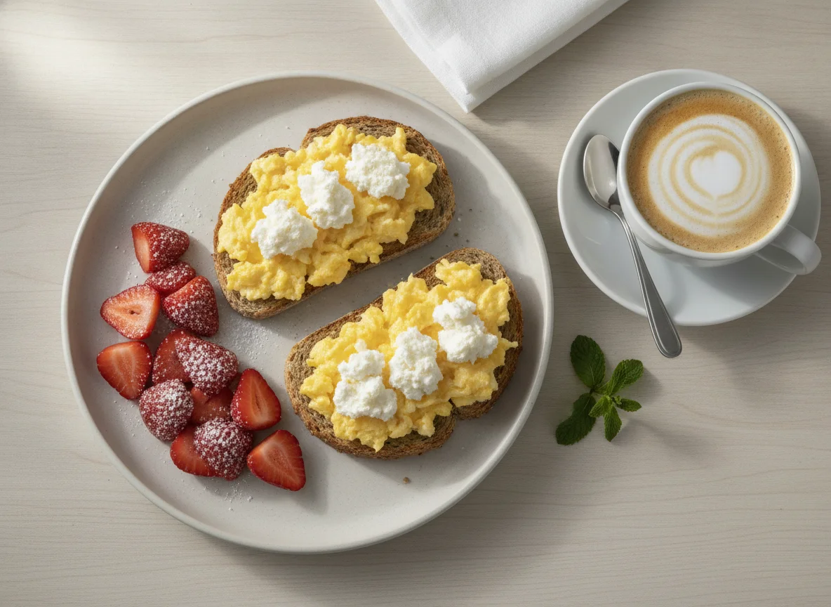 Desayuno de tostadas con huevo, fresas y café con leche photo