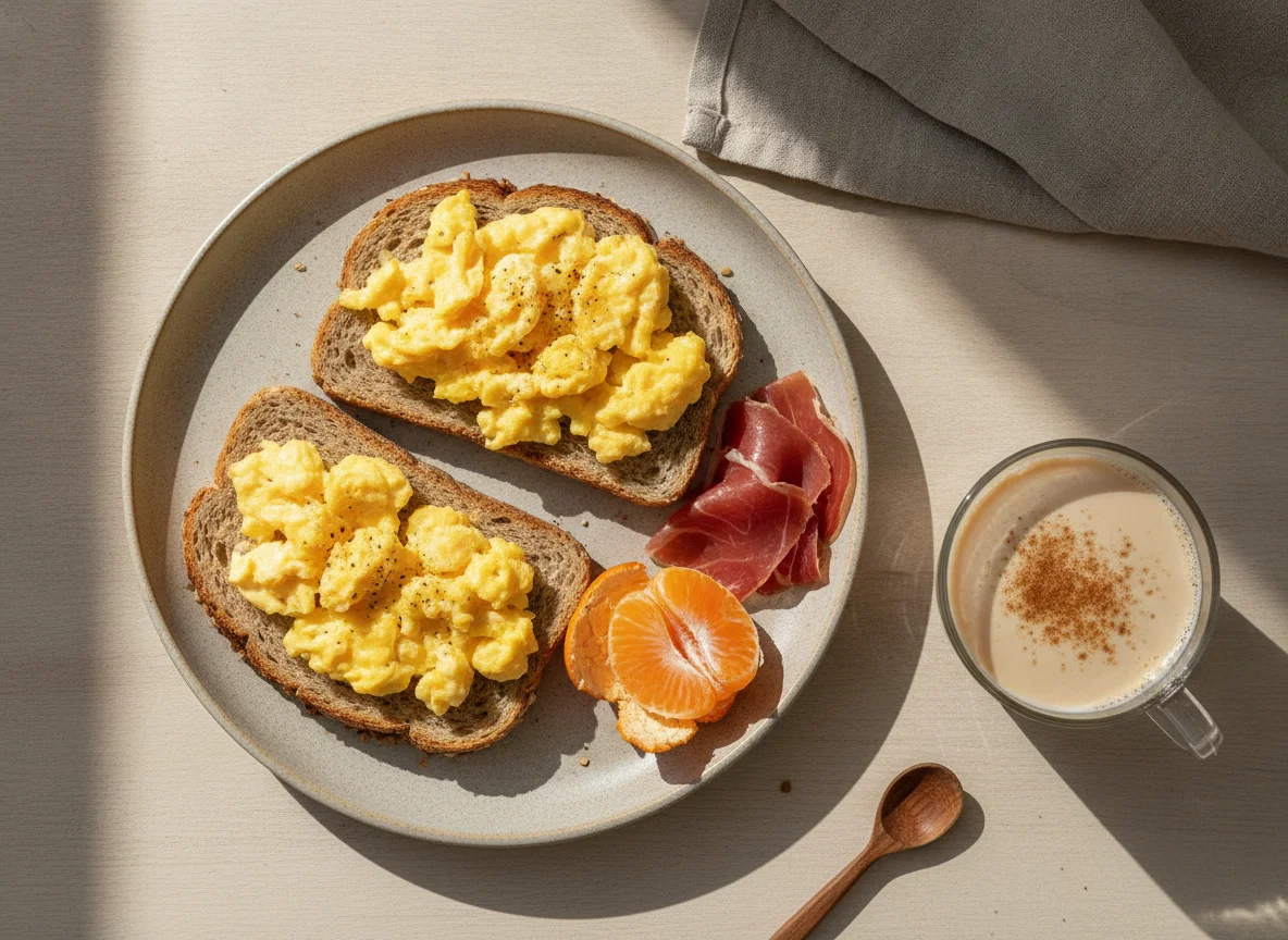 Desayuno de tostadas con huevo, jamón, mandarina y café con leche photo