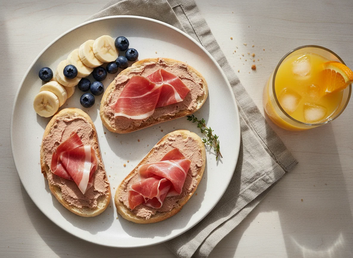 Desayuno de tostadas con jamón, plátano y zumo de naranja photo