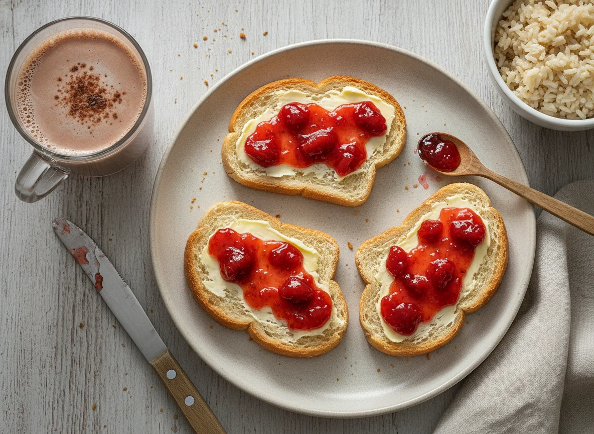 Desayuno de tostadas con mantequilla, mermelada y cacao photo