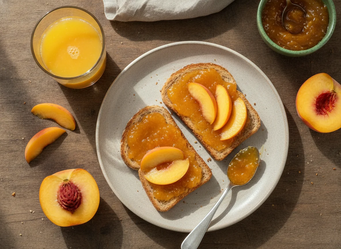 Desayuno de tostadas con mermelada, durazno y jugo de naranja photo