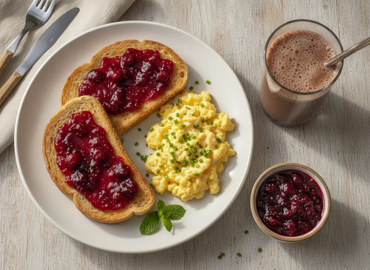 Desayuno de tostadas con mermelada, huevos revueltos y bebida láctea photo