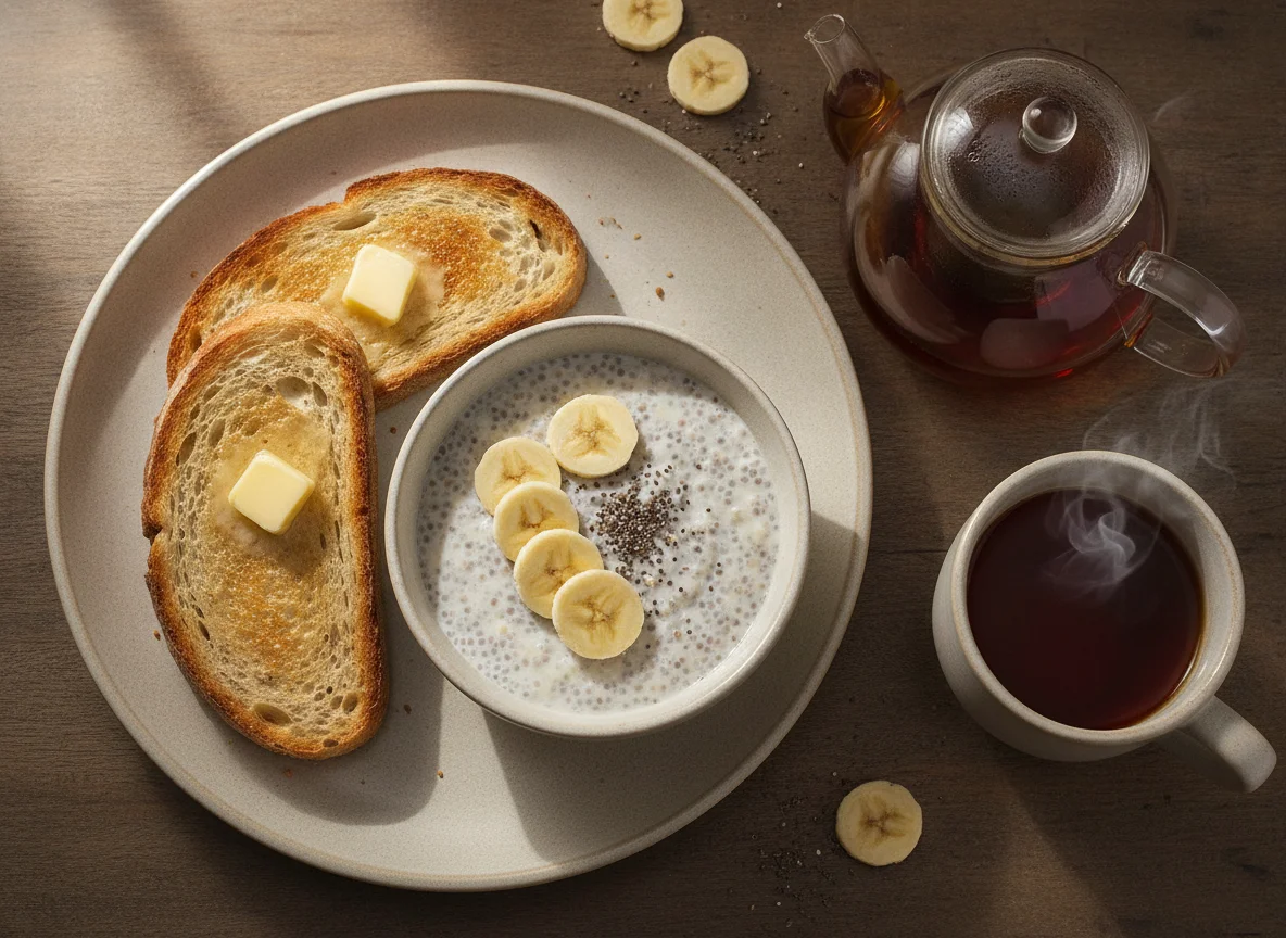 Desayuno de tostadas, pudín de chía con banano y té photo