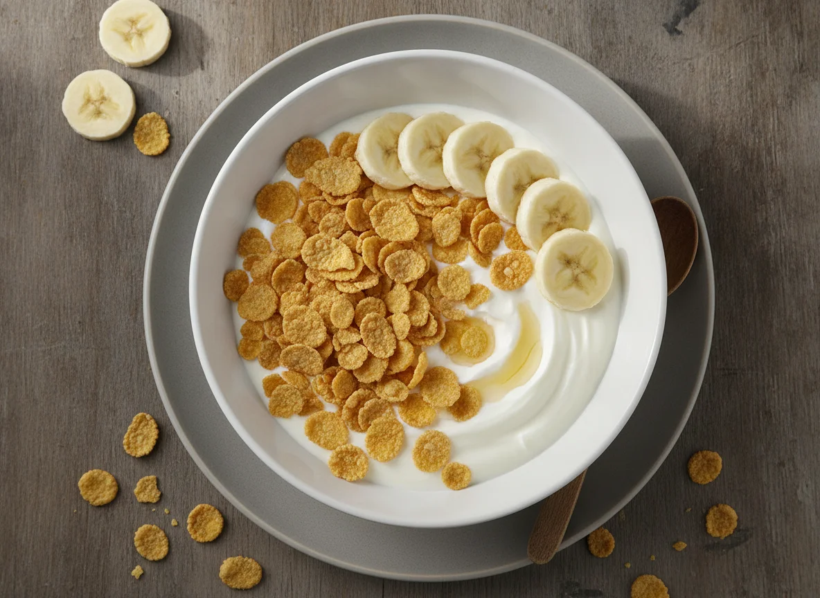 Desayuno de yogur, cereales y plátano photo