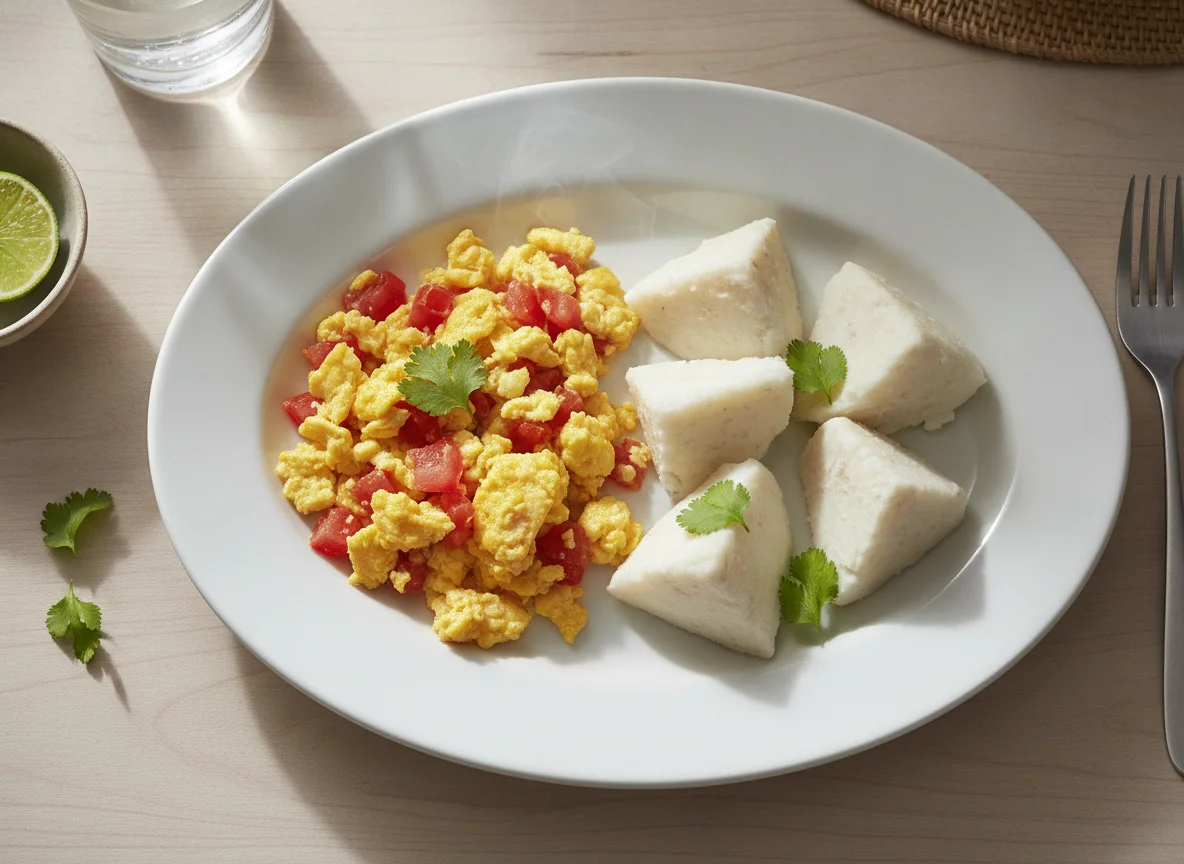 Desayuno dominicano con huevos revueltos y víveres photo