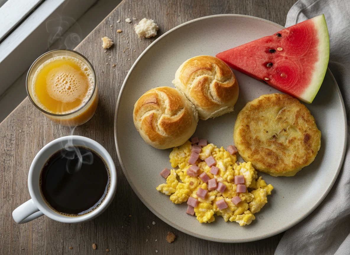 Desayuno ecuatoriano con huevos revueltos, pan de yuca, sandía y bebidas photo