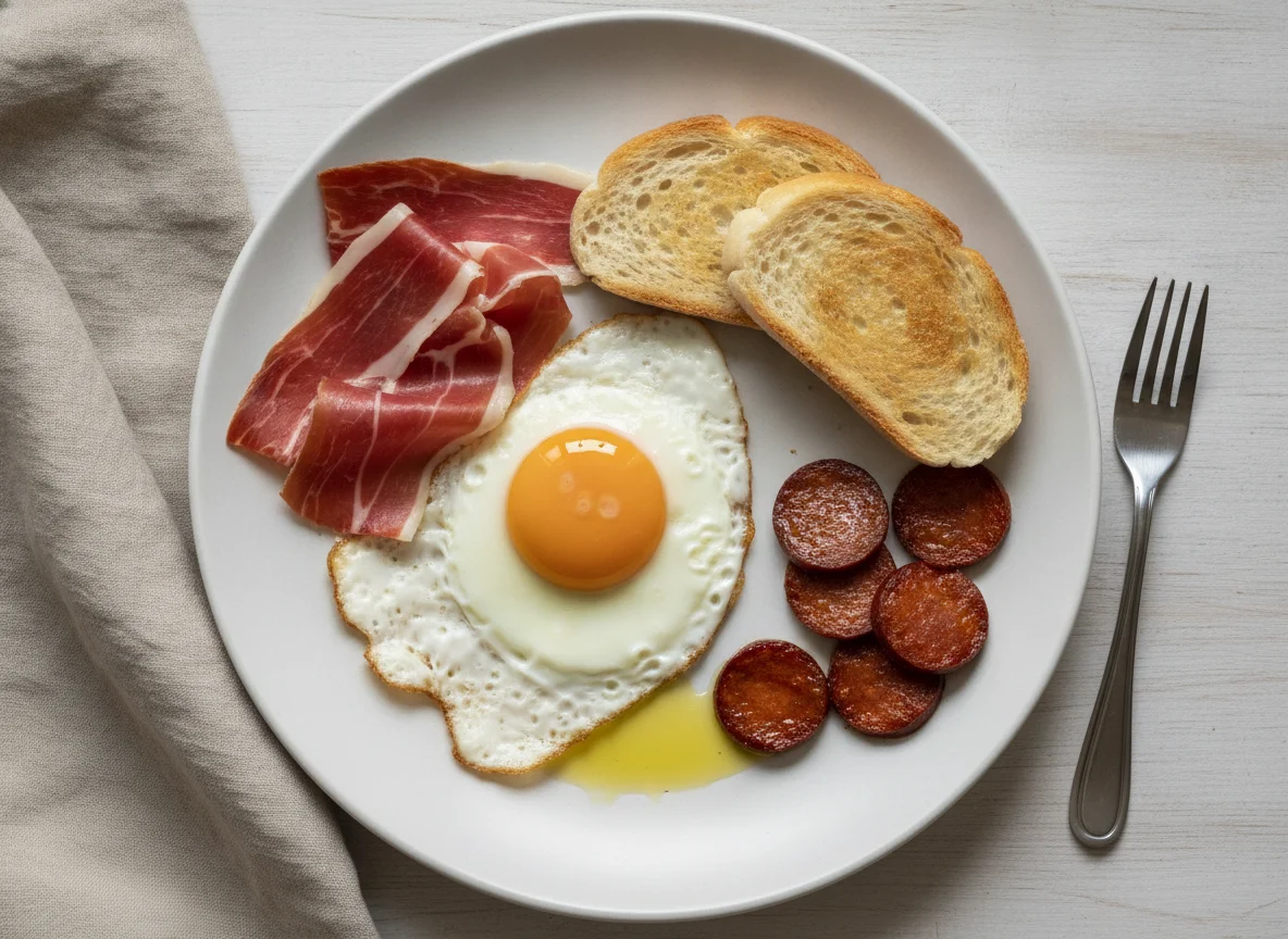 Desayuno español con huevo, jamón y chorizo photo