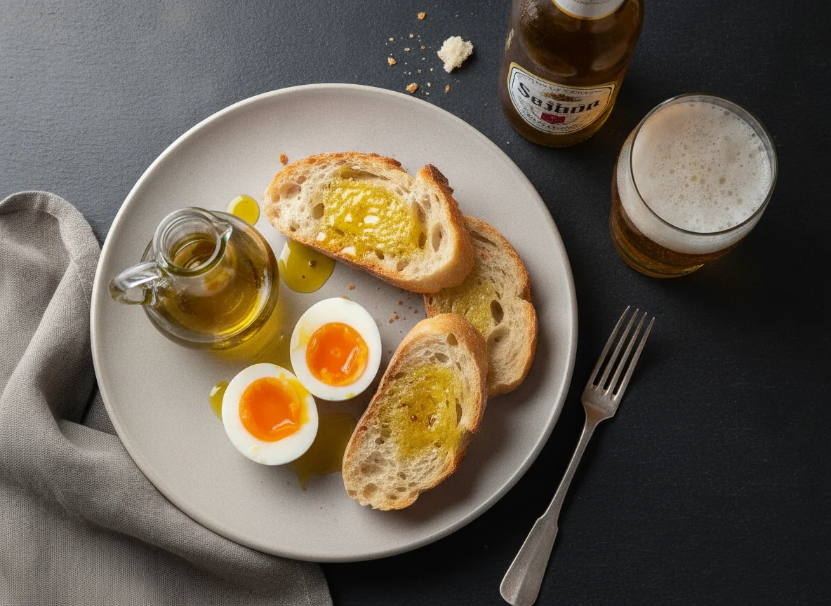 Desayuno español con huevo, pan y aceite photo