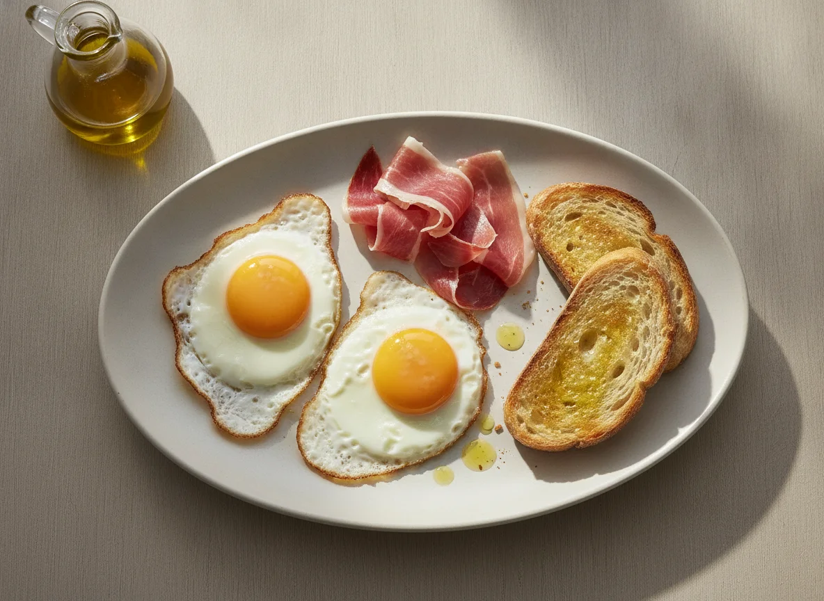 Desayuno español con huevos fritos, jamón y tostada photo