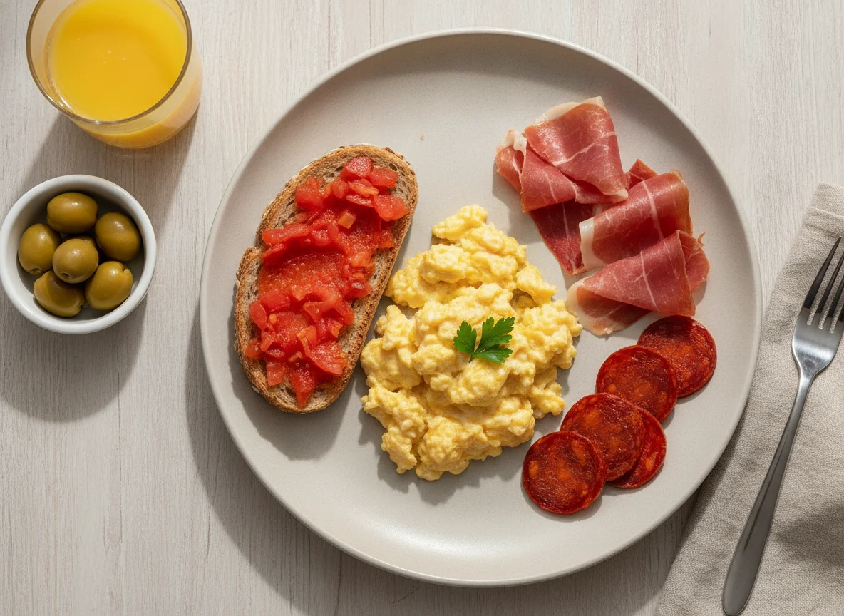 Desayuno español con huevos revueltos y embutidos photo