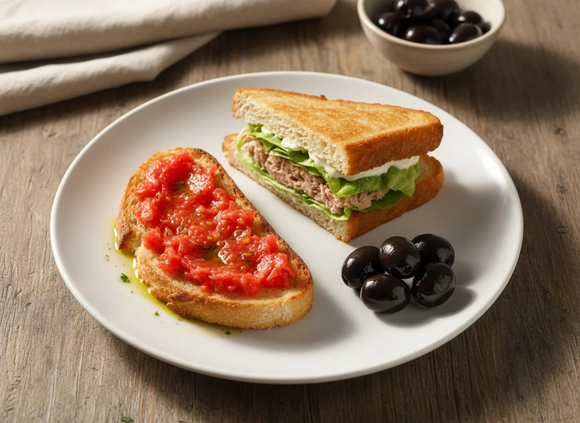 Desayuno español con tostada, sándwich y aceitunas photo