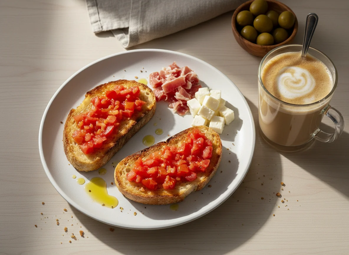 Desayuno español con tostada y café con leche photo