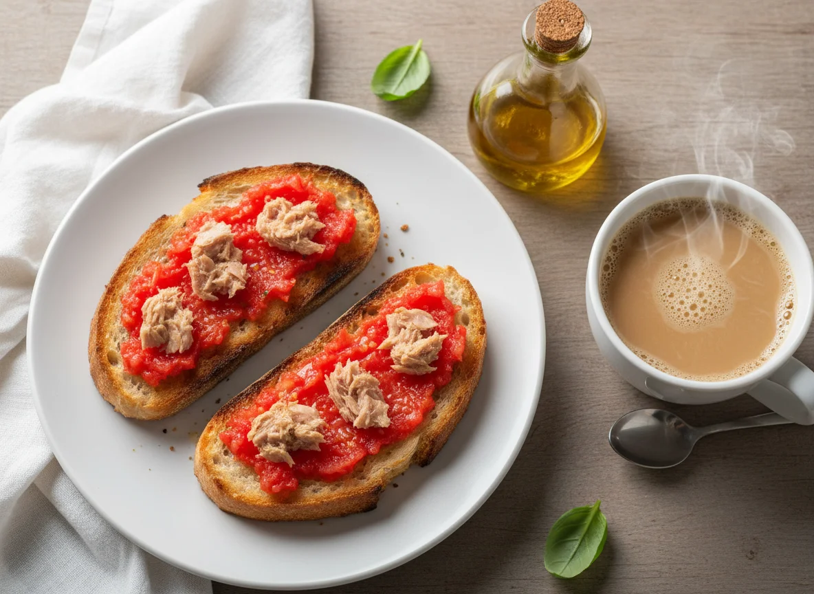 Desayuno español con tostadas, atún y café photo