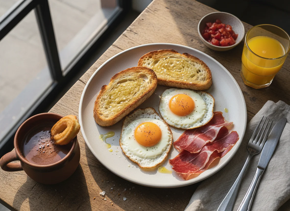 Desayuno español con tostadas, huevos, jamón y bebida photo