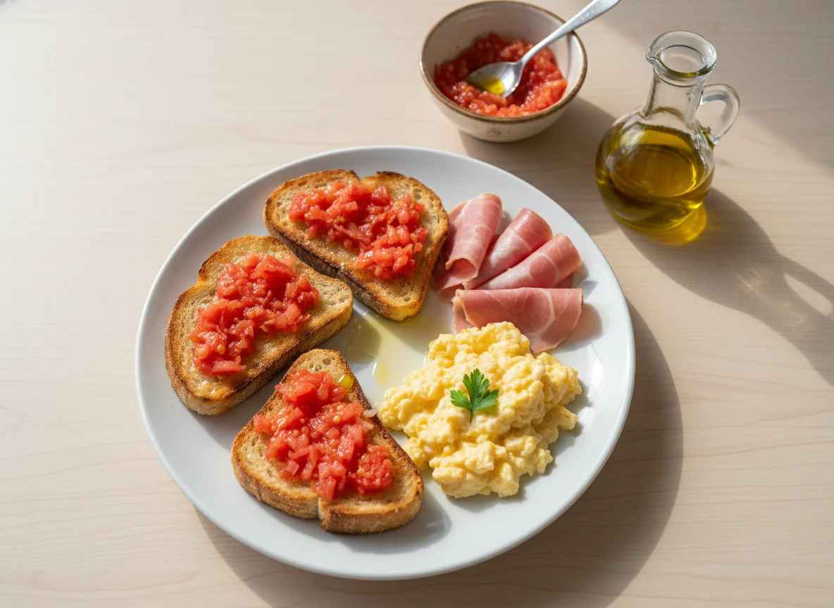 Desayuno español con tostadas, huevos revueltos y jamón cocido photo