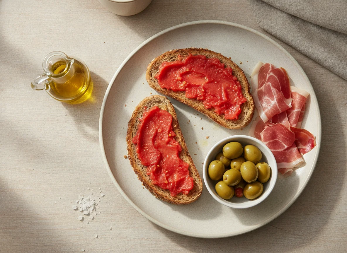 Desayuno español con tostadas, jamón y aceitunas photo