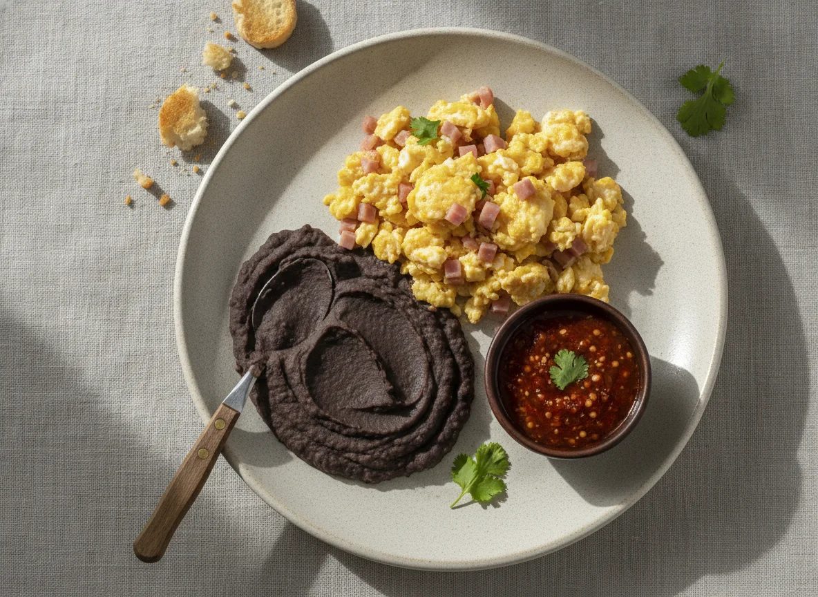 Desayuno guatemalteco con huevos revueltos y frijoles volteados photo
