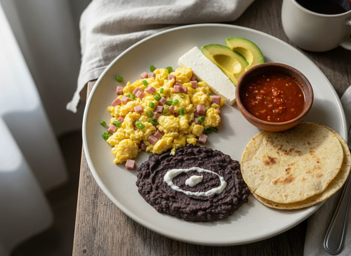 Desayuno guatemalteco con huevos revueltos y frijoles photo