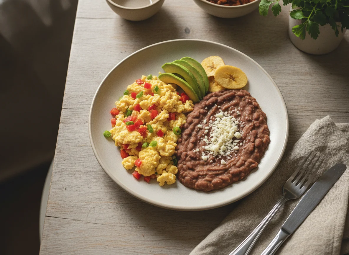 Desayuno hondureño con huevos revueltos, frijoles y queso photo
