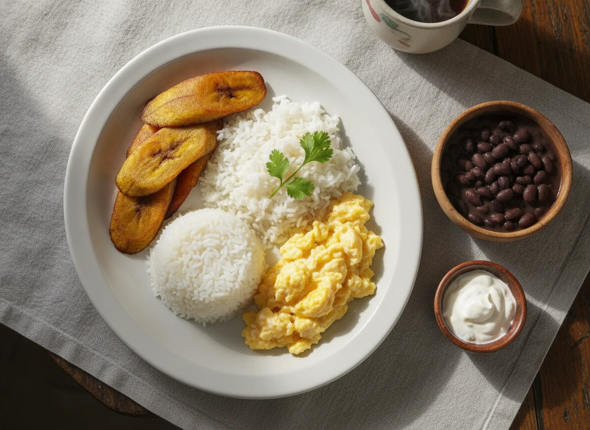 Desayuno hondureño con plátano frito, arroz y huevo photo