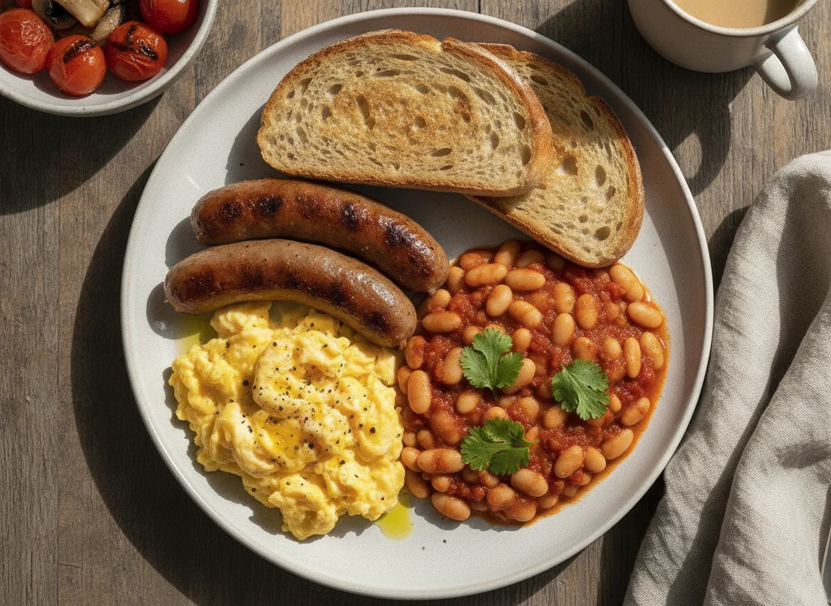 Desayuno inglés con salchichas, huevos revueltos y judías con tomate photo
