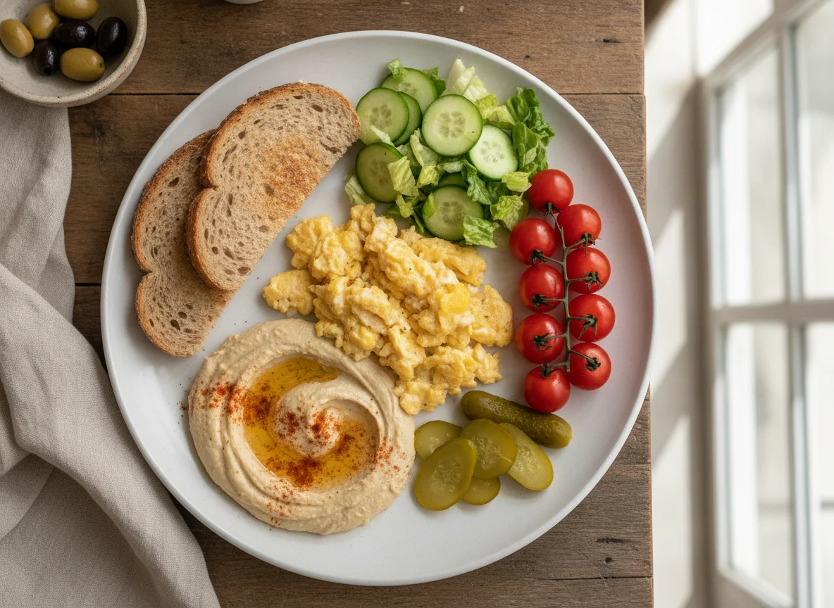 Desayuno israelí con huevos revueltos y hummus photo