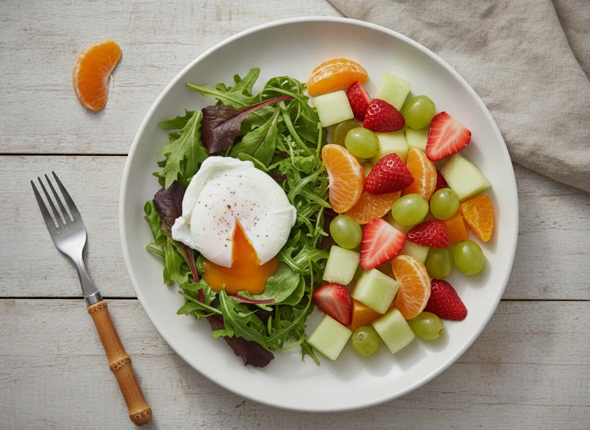 Desayuno ligero con huevo pochado, ensalada de frutas y mandarina photo