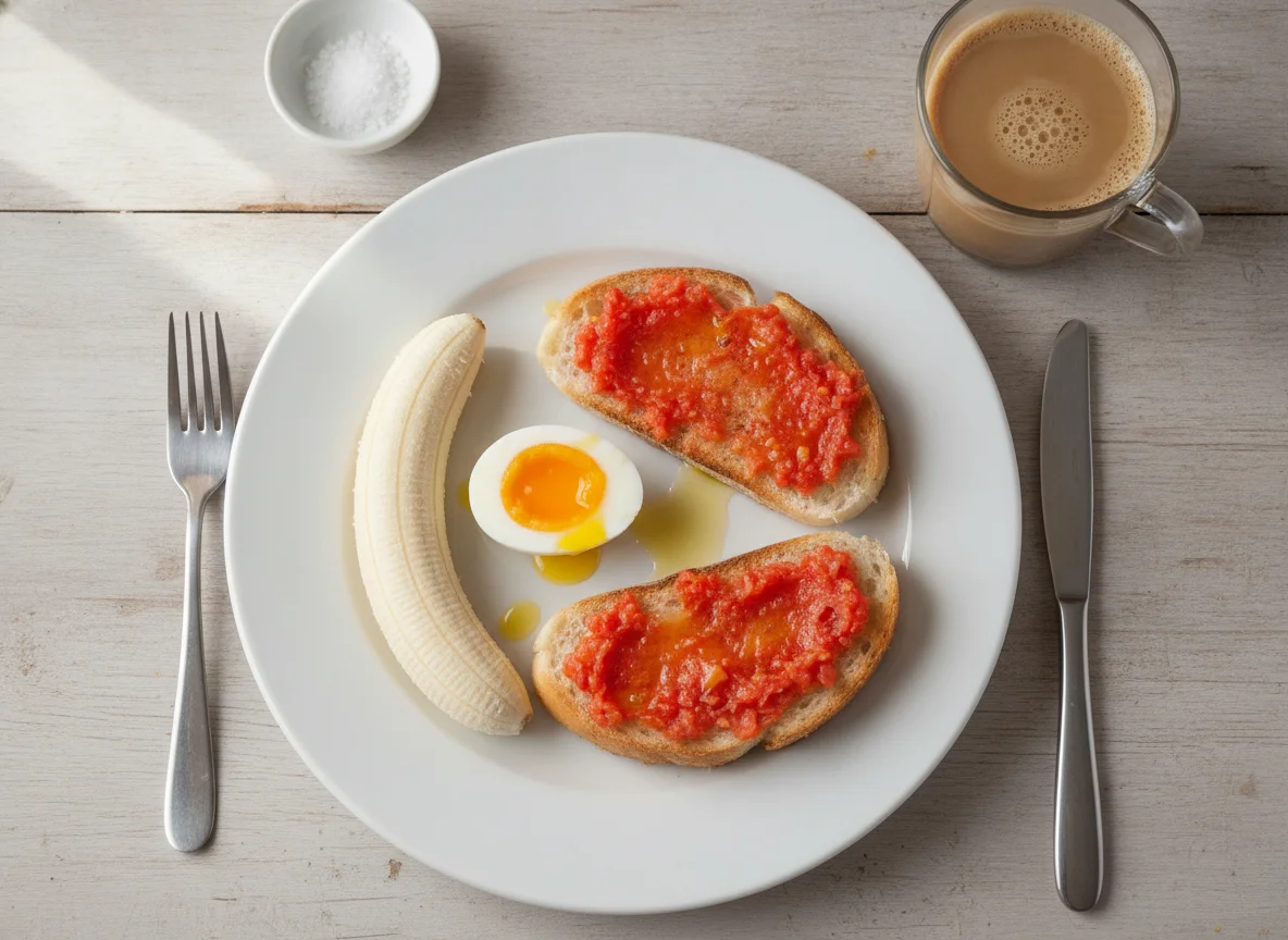 Desayuno mediterráneo con huevo, tostada con tomate, plátano y café con leche photo
