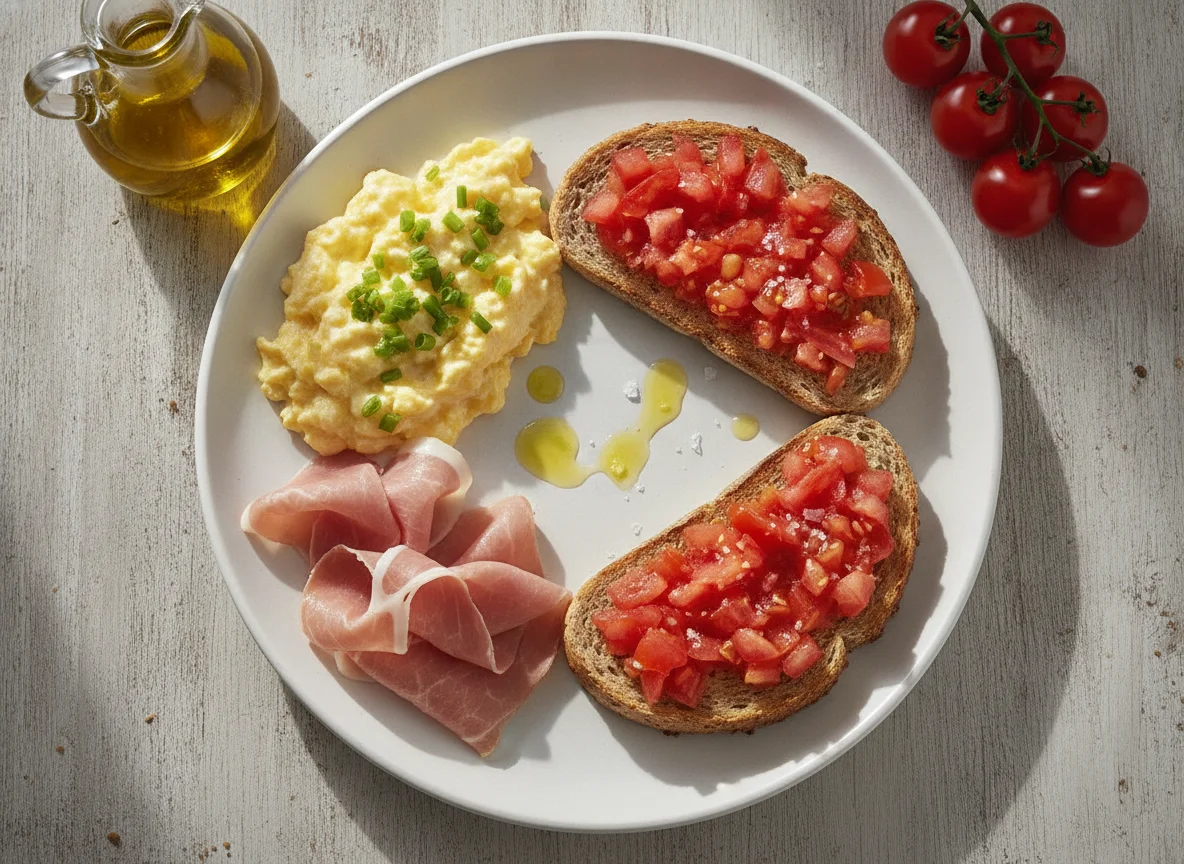 Desayuno mediterráneo con huevos revueltos, jamón cocido y tostada con tomate photo