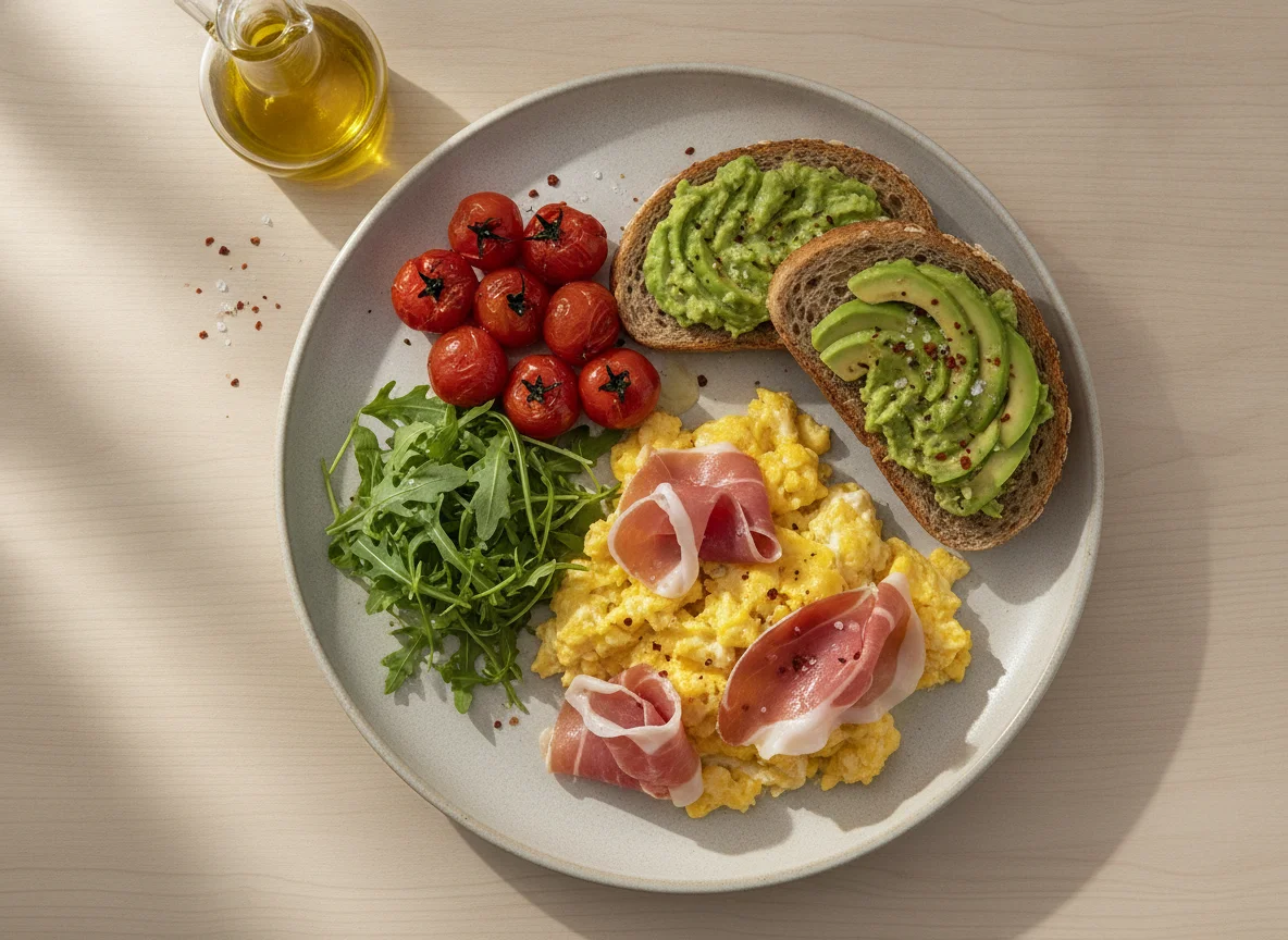 Desayuno mediterráneo con huevos revueltos, jamón ibérico y aguacate photo