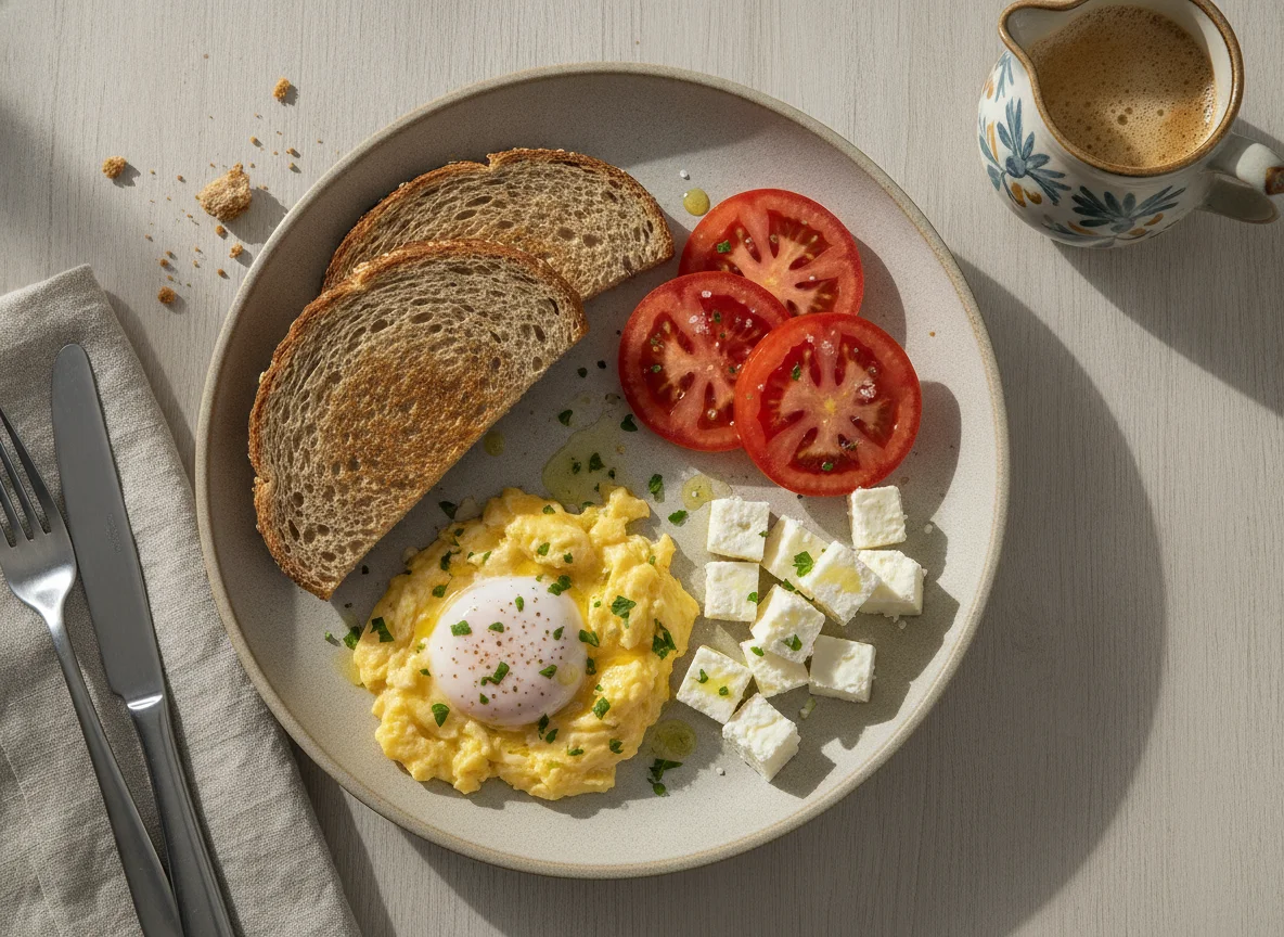 Desayuno mediterráneo con huevos revueltos, pan integral, tomate y queso fresco photo