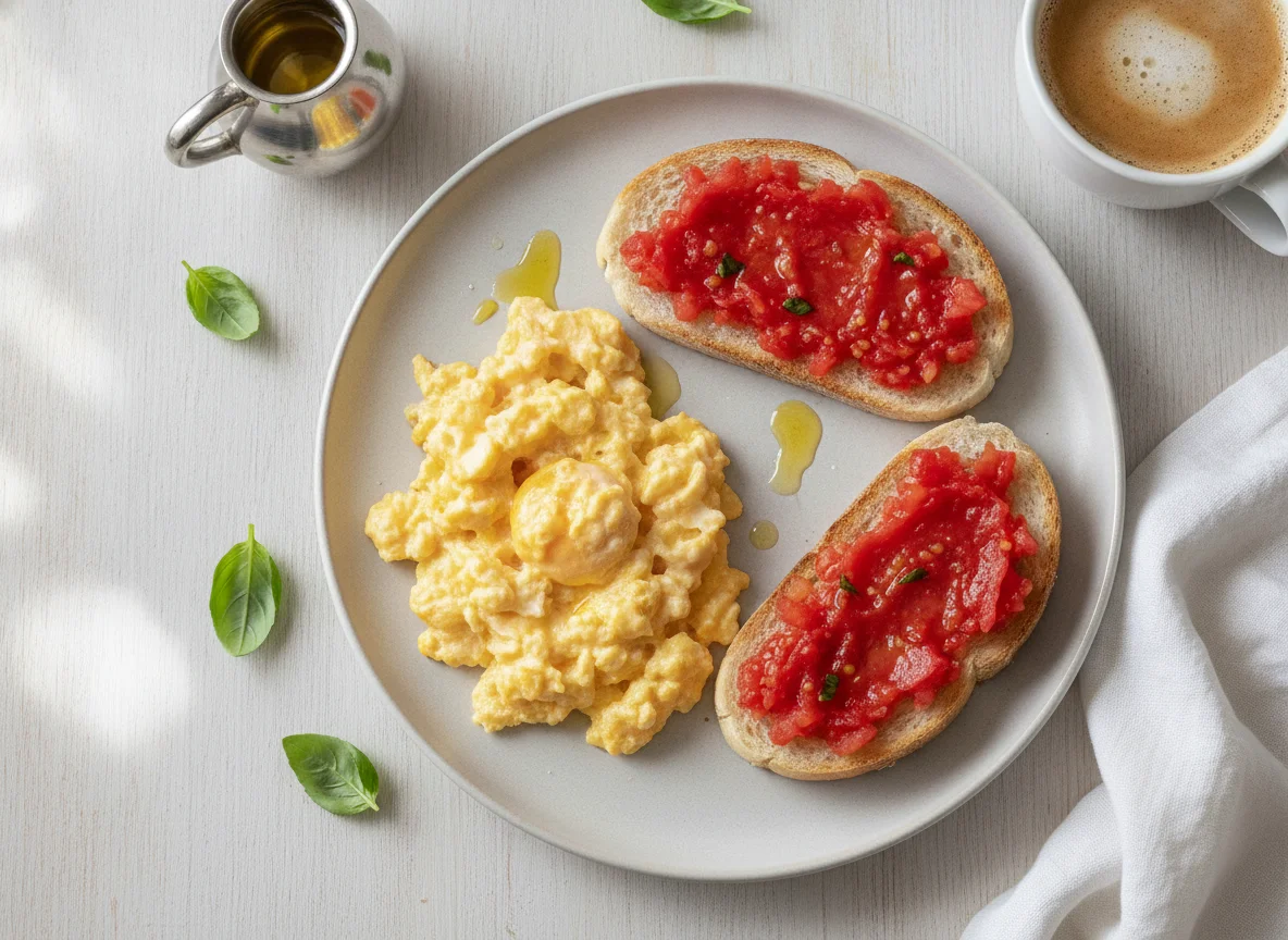 Desayuno mediterráneo con huevos revueltos y tostadas con tomate photo