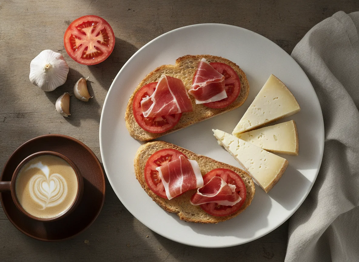 Desayuno mediterráneo con jamón, queso y café photo