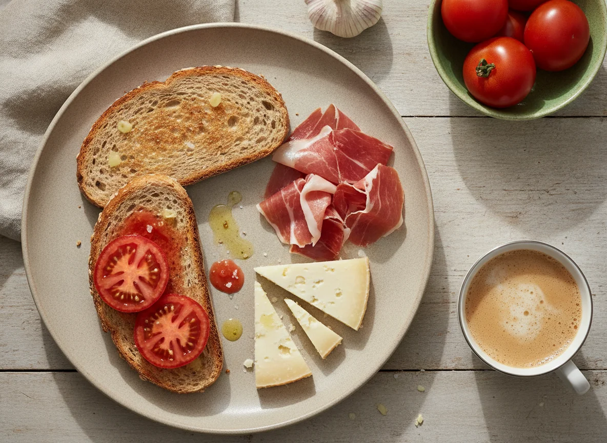 Desayuno mediterráneo con jamón, queso y pan integral photo