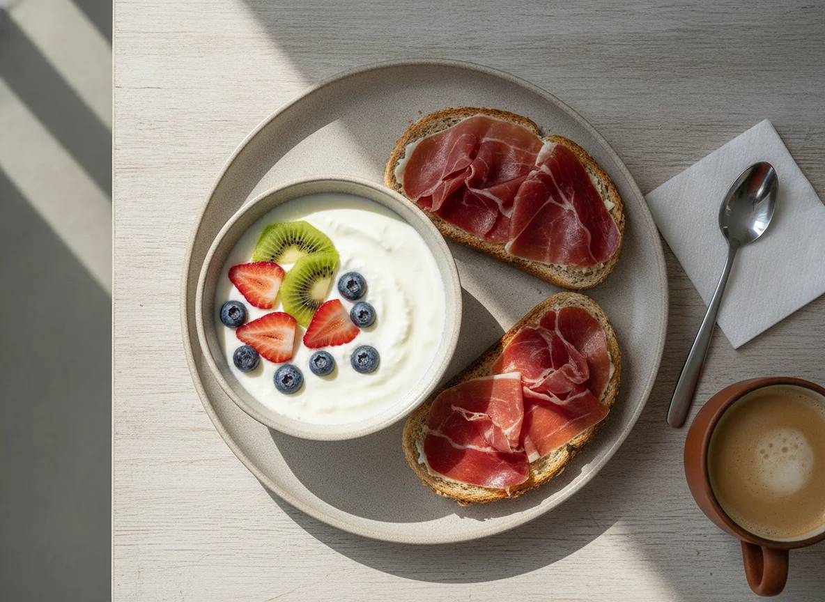 Desayuno mediterráneo con kéfir, frutas y tostada de jamón photo